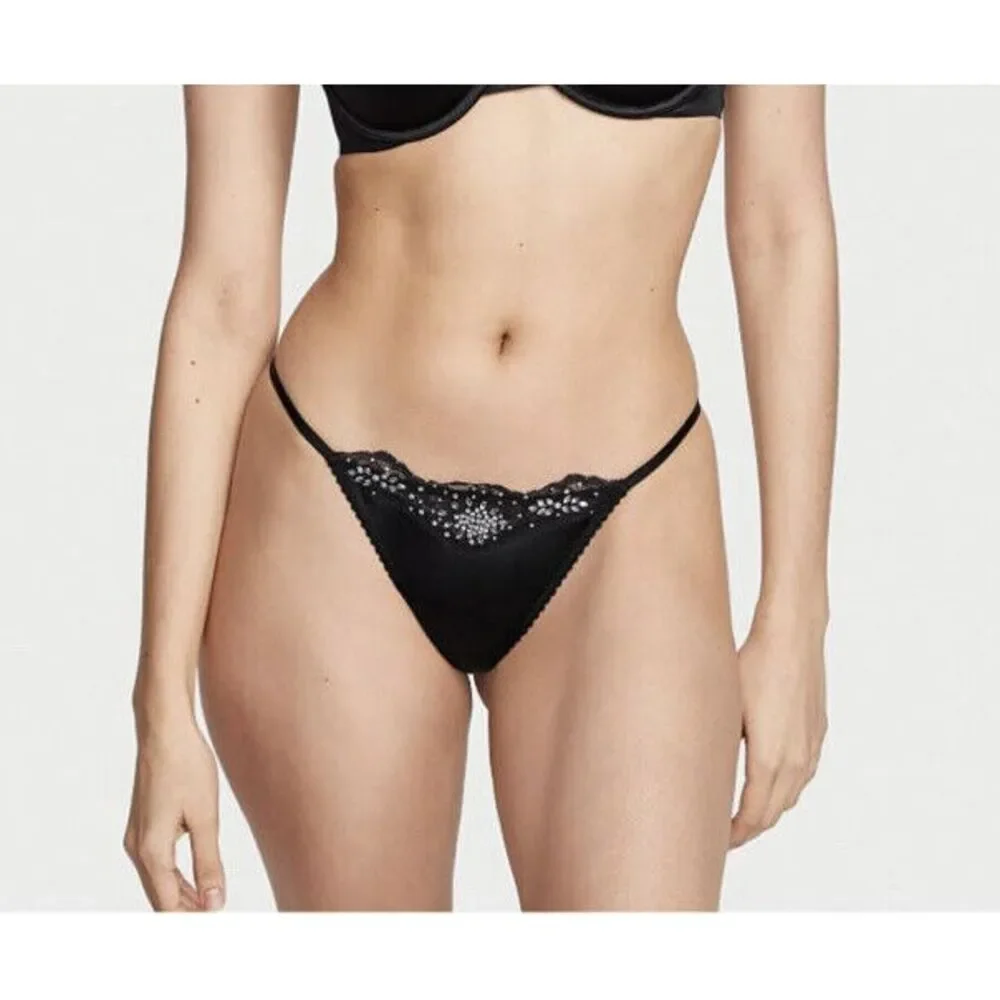 Victoria's‎ Secret Very Sexy Rhinestones Lace Trim Thong Sz M - Black